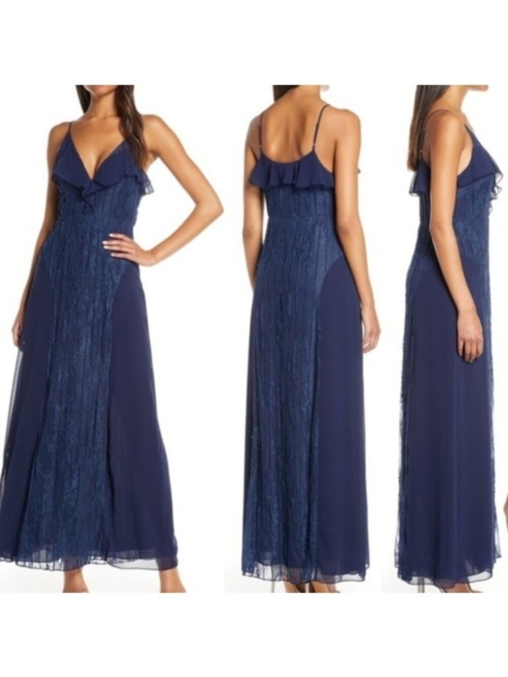 Anthropologie Foxiedox NWT Pintuck Lace Chiffon Maxi Dress Navy Blue Size Small - Picture 2 of 10